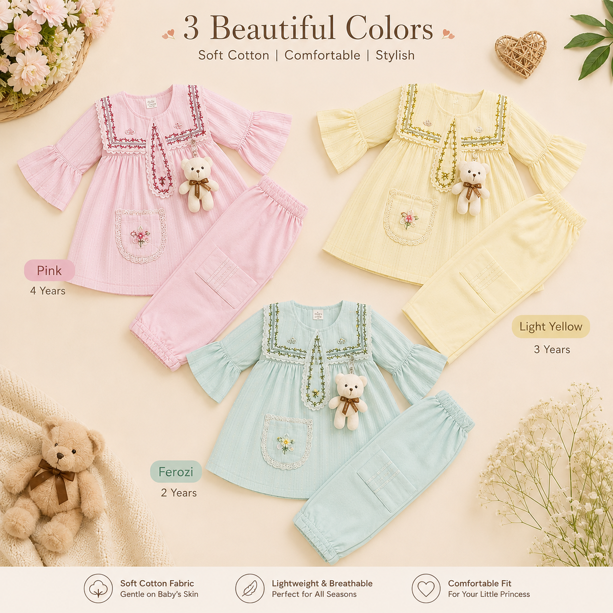 Elegant Soft Cotton Baby Girls Party Wear Suit with Cute Teddy – 2 to 4 Years