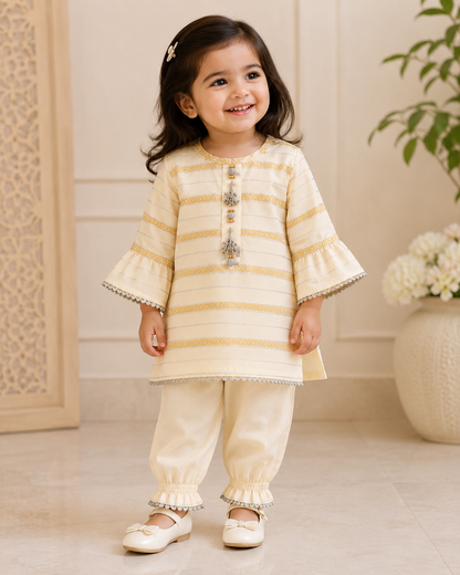 Golden Stripe Cotton Girls Suit – Premium 2 Piece Summer Outfit