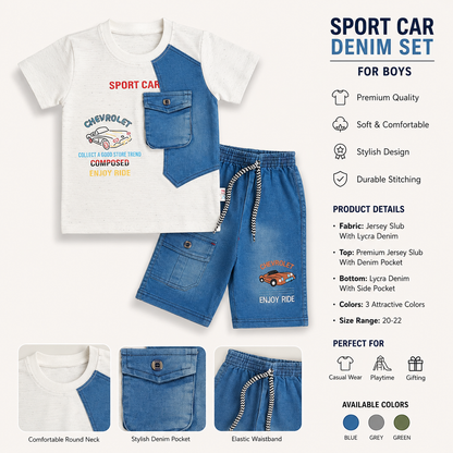 Sport Car Denim Summer Set for Boys – Soft Jersey & Lycra Denim Outfit