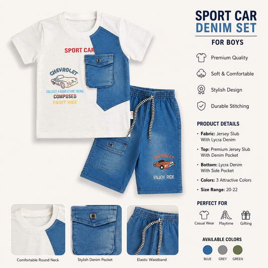 Sport Car Denim Summer Set for Boys – Soft Jersey & Lycra Denim Outfit