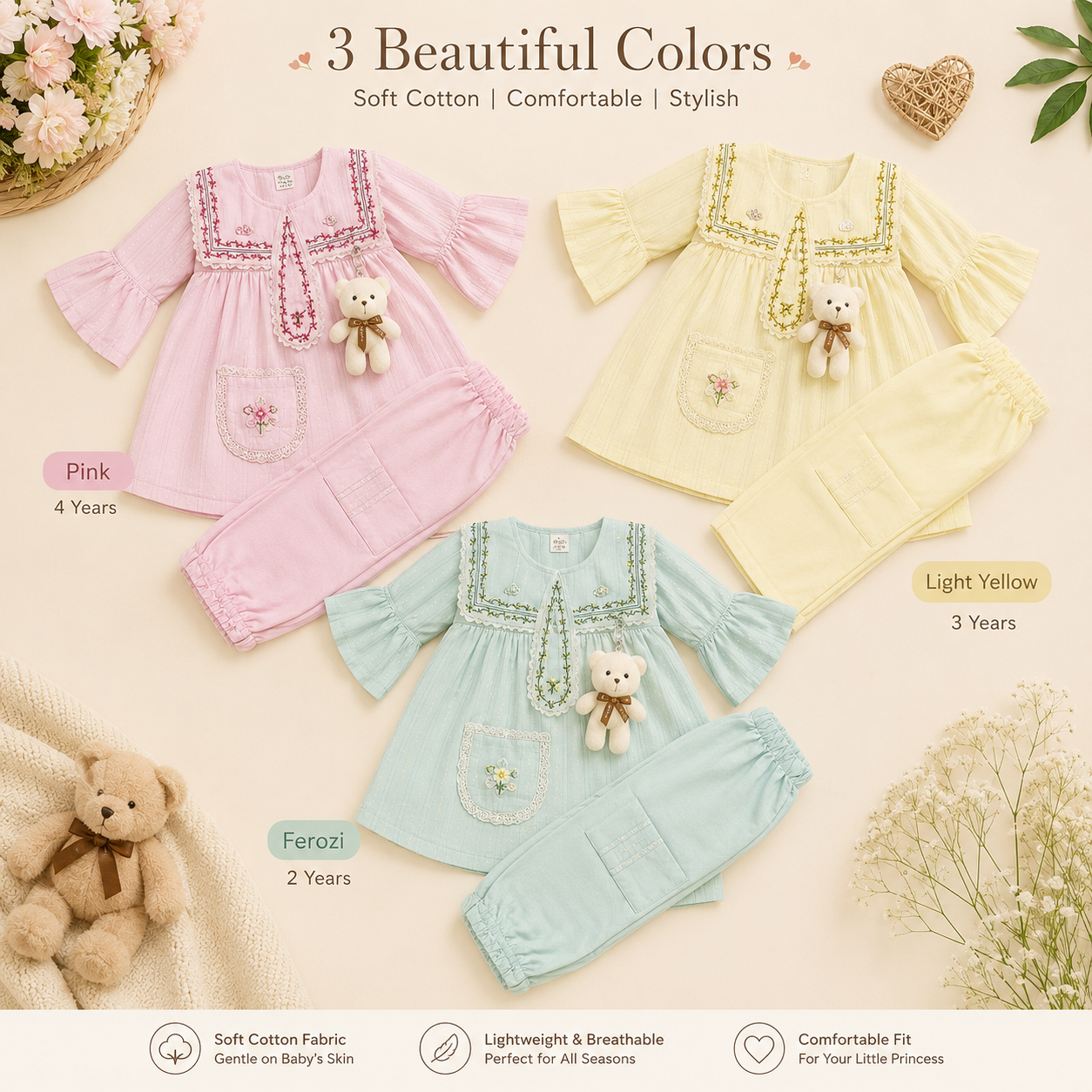 Elegant Soft Cotton Baby Girls Party Wear Suit with Cute Teddy – 2 to 4 Years