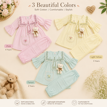 Elegant Soft Cotton Baby Girls Party Wear Suit with Cute Teddy – 2 to 4 Years