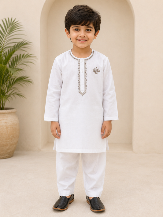 Classic White Cotton Boys Kurta Suit – Premium Traditional Summer Wear