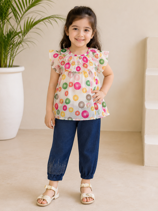 Cute Balloon Print Girls Summer Suit – Denim & Crepe 2 Piece Outfit