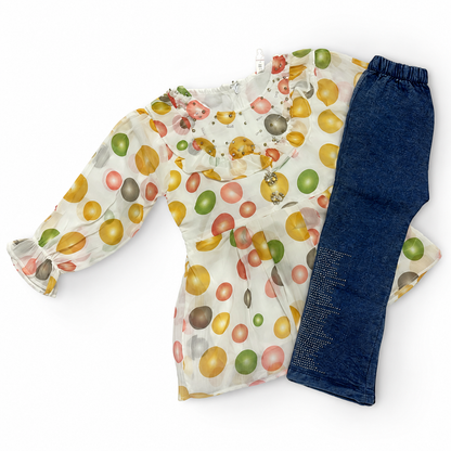 Cute Balloon Print Girls Summer Suit – Denim & Crepe 2 Piece Outfit