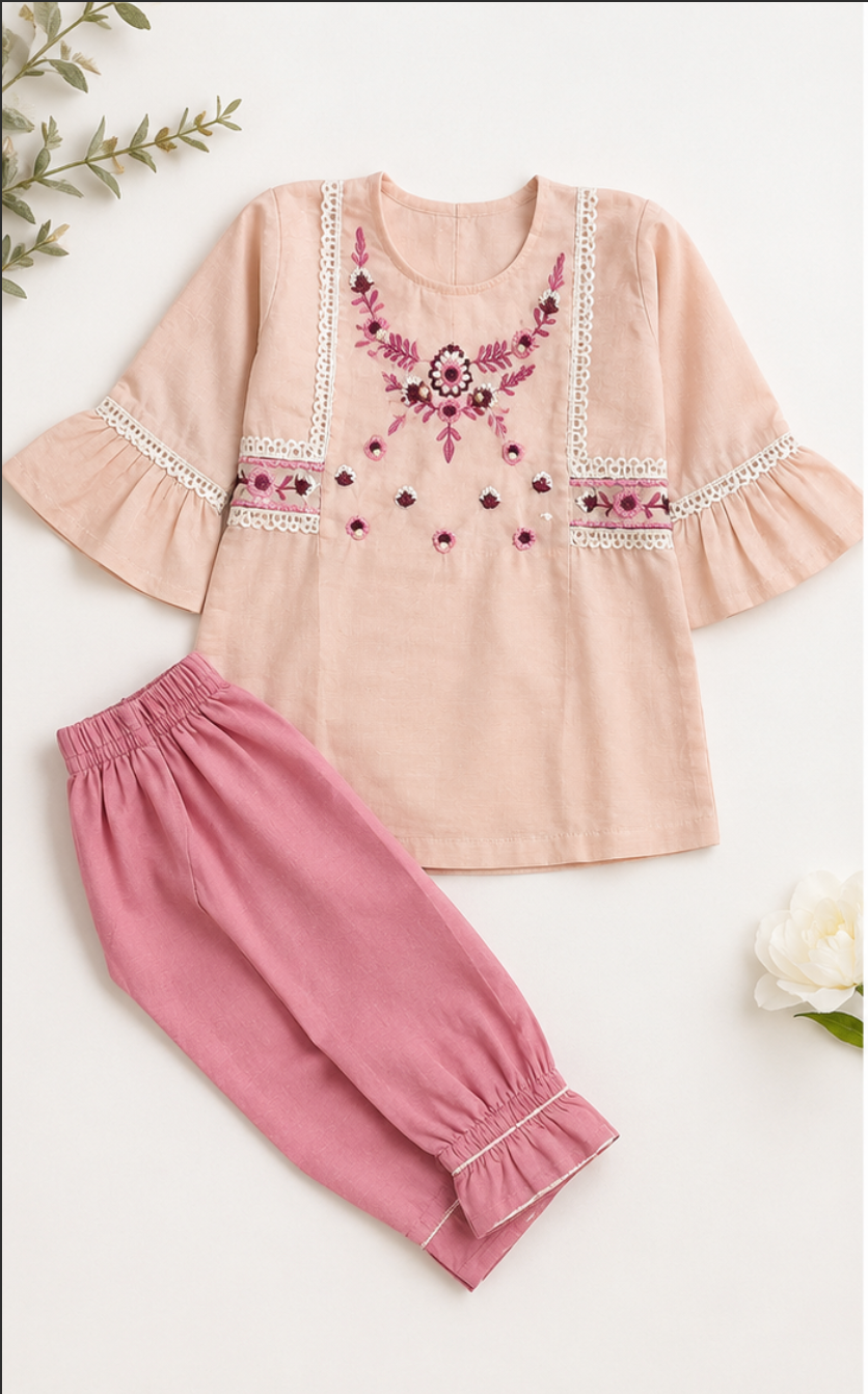 Elegant Floral Cotton Girls Suit – Soft Summer Wear (2 Piece Set)