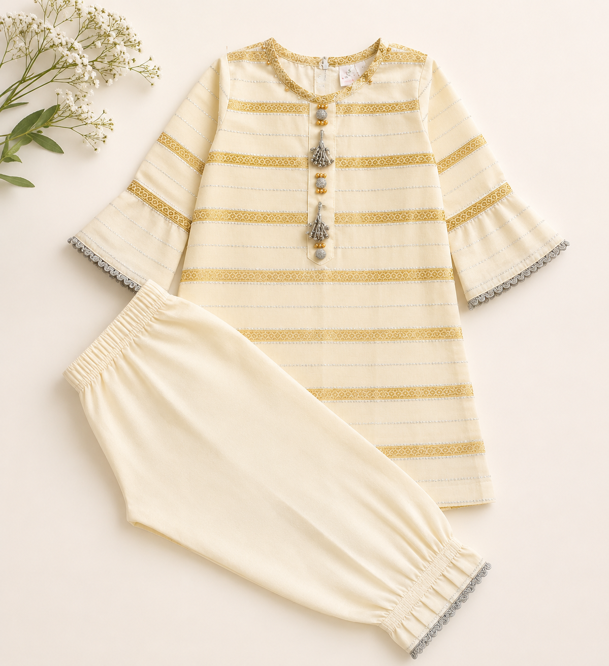 Golden Stripe Cotton Girls Suit – Premium 2 Piece Summer Outfit