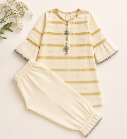 Golden Stripe Cotton Girls Suit – Premium 2 Piece Summer Outfit